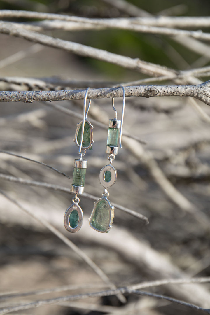 One of a Kind High Quality Green Tourmaline Earrings in Unique Sterling Silver Setting