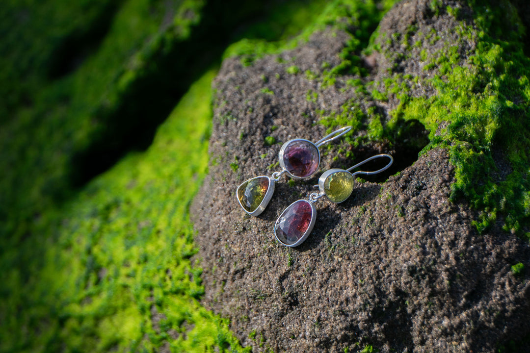 STUNNING Rose Cut Double Watermelon Tourmaline Earrings in Sterling Silver