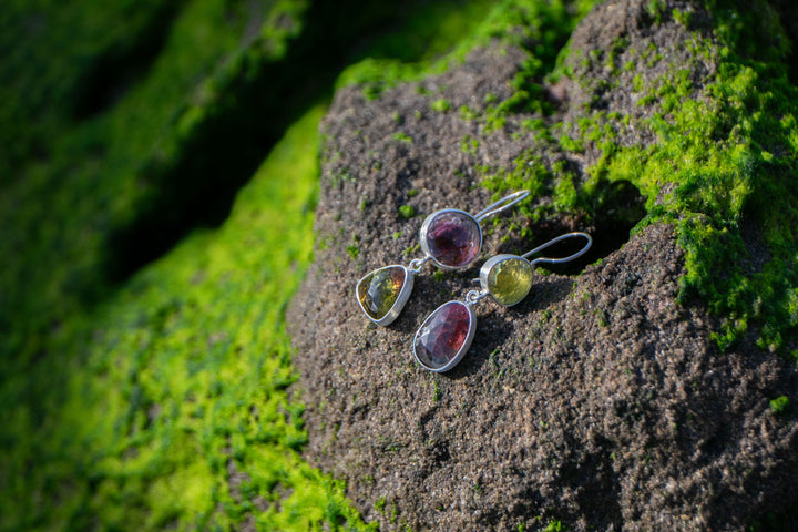 STUNNING Rose Cut Double Watermelon Tourmaline Earrings in Sterling Silver