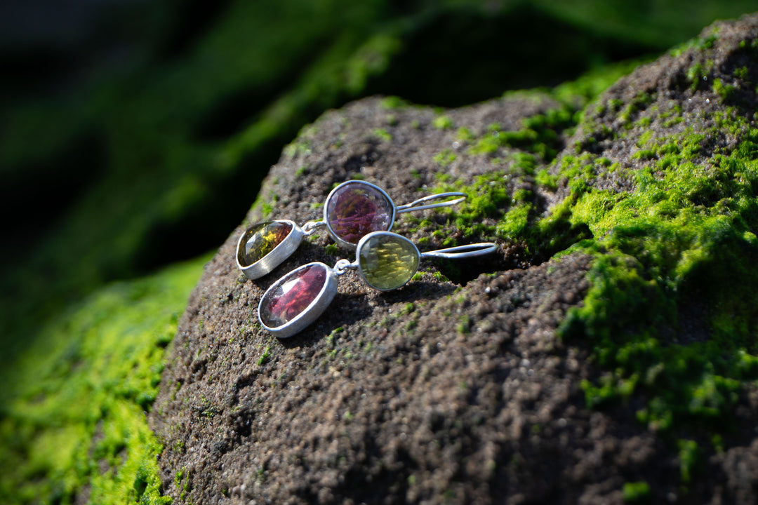 STUNNING Rose Cut Double Watermelon Tourmaline Earrings in Sterling Silver
