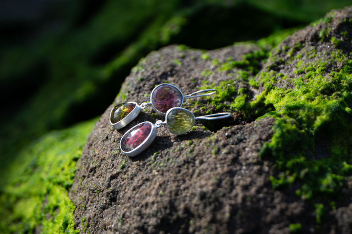 STUNNING Rose Cut Double Watermelon Tourmaline Earrings in Sterling Silver