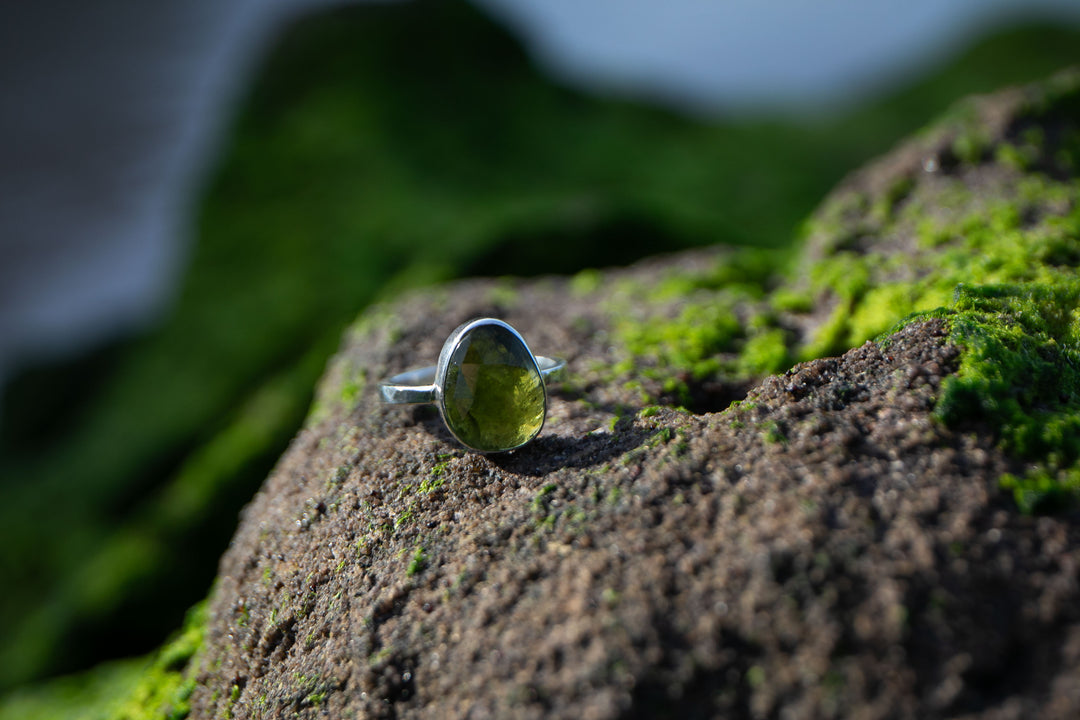 High Quality Rose Cut Green Tourmaline Ring set in Sterling Silver - Size 9 US
