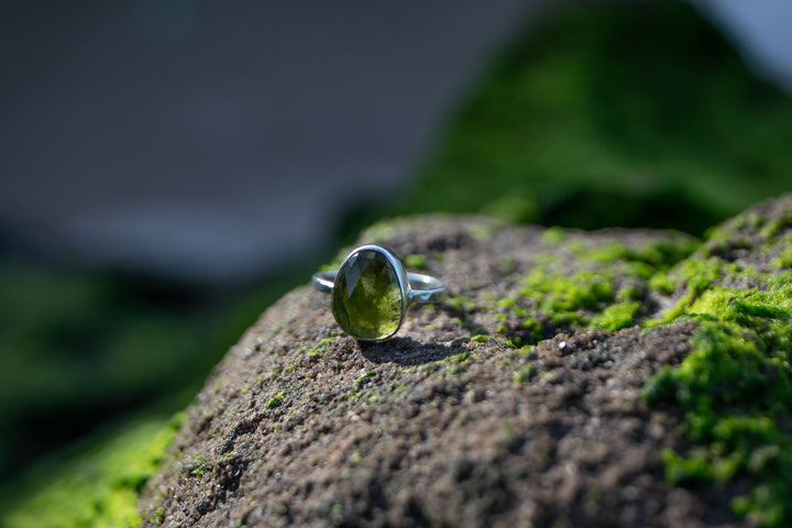 High Quality Rose Cut Green Tourmaline Ring set in Sterling Silver - Size 9 US