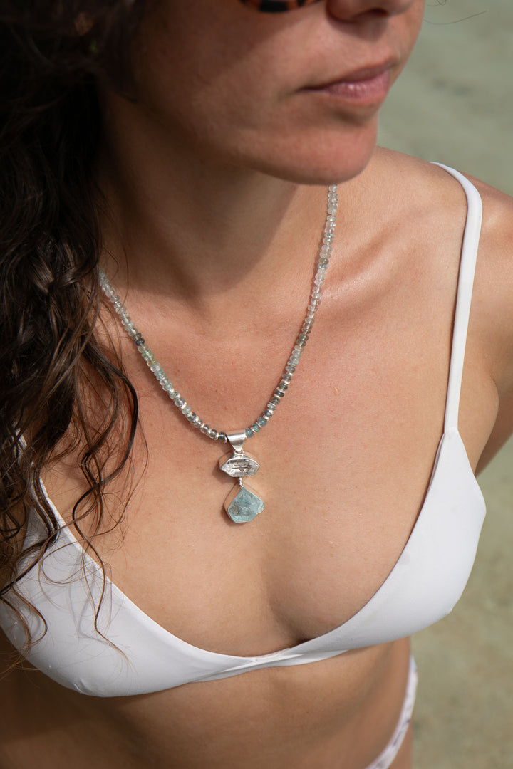 Raw Aquamarine and Herkimer Diamond Pendant with Aquamarine Beaded Necklace