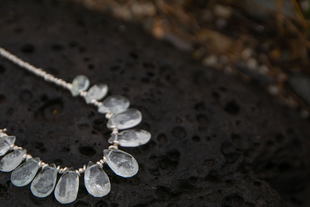 Faceted Teardrop Aquamarine Necklace with Thai Hill Tribe Silver Beads