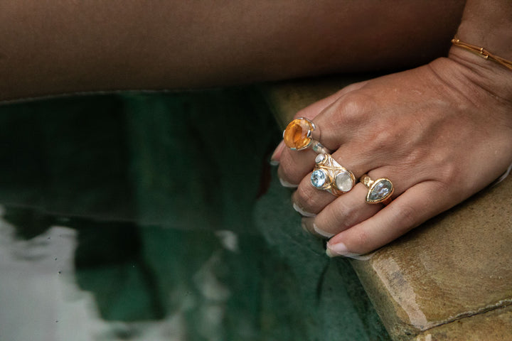 Teardrop Topaz Ring in Beaten Gold Plated Sterling Silver Setting - Size 6 US