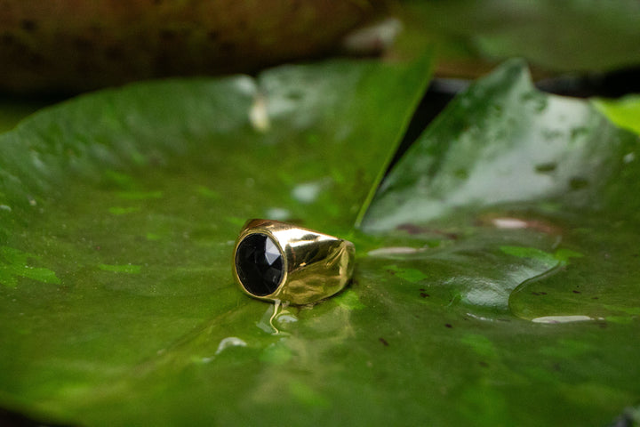 Faceted Black Tourmaline Signet Ring in Gold Plated Silver - Size 6