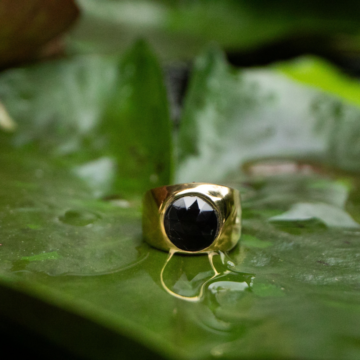 Faceted Black Tourmaline Signet Ring in Gold Plated Silver - Size 6