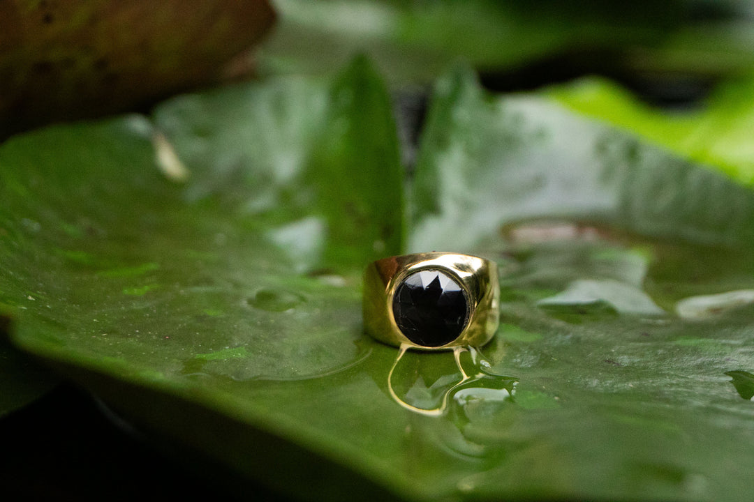 Faceted Black Tourmaline Signet Ring in Gold Plated Silver - Size 6