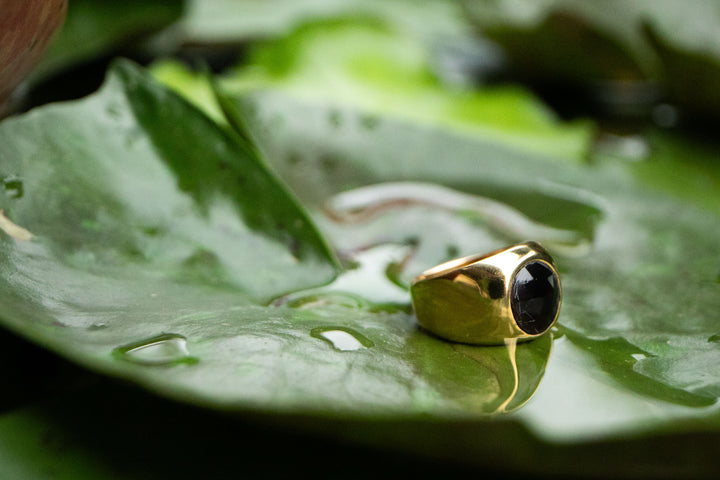 Faceted Black Tourmaline Signet Ring in Gold Plated Silver - Size 6