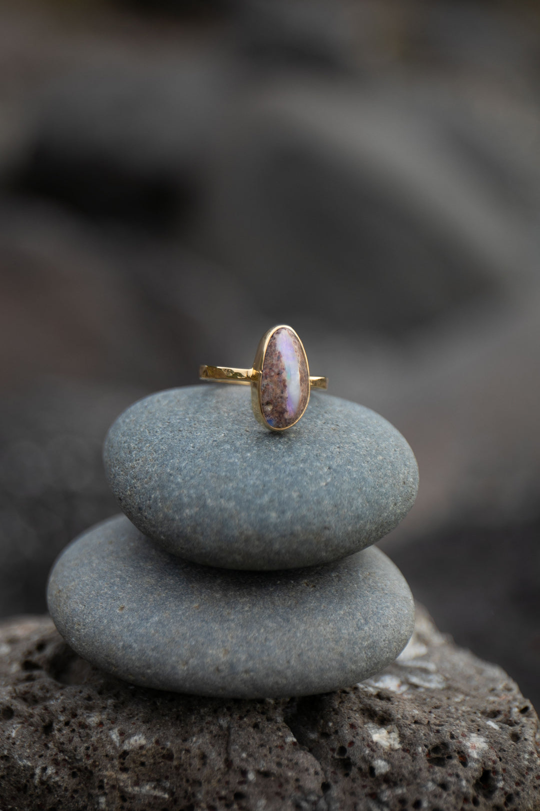 Australian Opal Ring set in Beaten Gold Plated Sterling Silver Band - Size 8 US