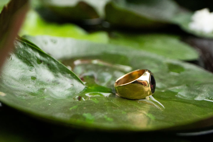 Faceted Black Tourmaline Signet Ring in Gold Plated Silver - Size 6