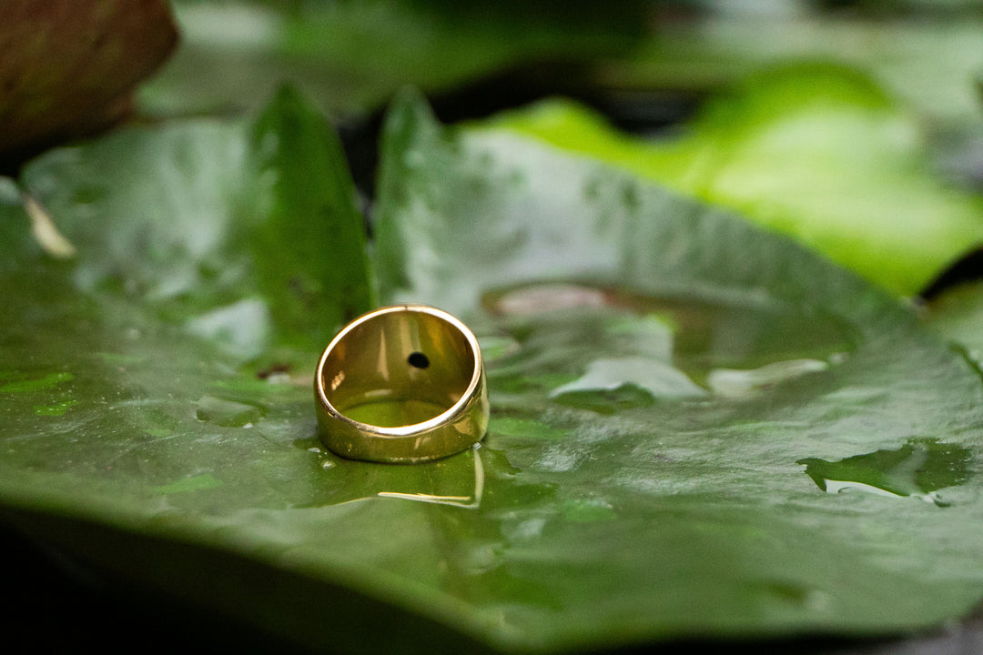 Faceted Black Tourmaline Signet Ring in Gold Plated Silver - Size 6