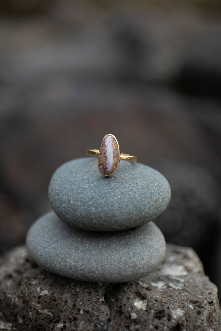 Australian Opal Ring set in Beaten Gold Plated Sterling Silver Band - Size 8 US