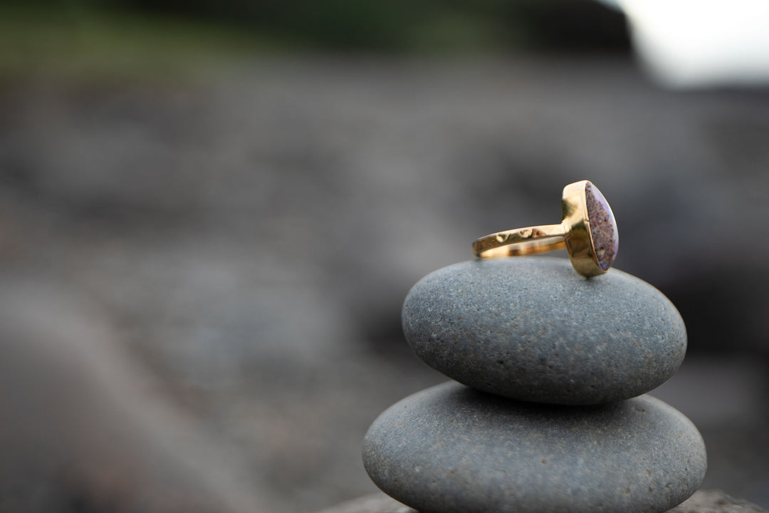 Australian Opal Ring set in Beaten Gold Plated Sterling Silver Band - Size 8 US