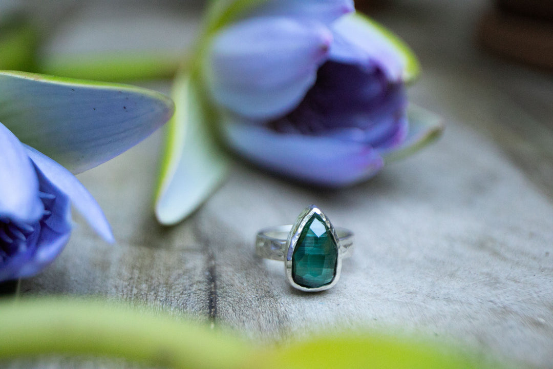 Dark Green Tourmaline Ring set in Sterling Silver - Size 6.5 US