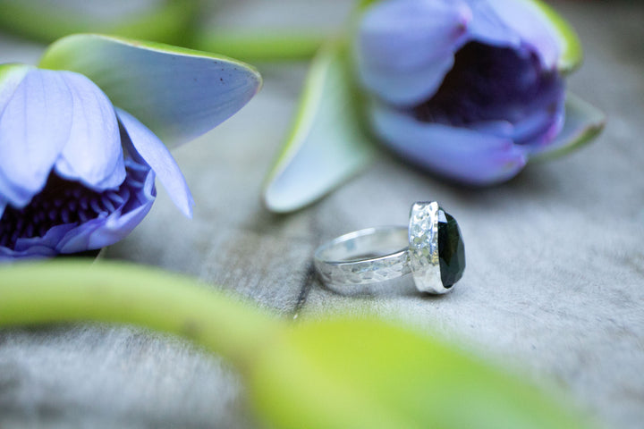 Dark Green Tourmaline Ring set in Sterling Silver - Size 6.5 US