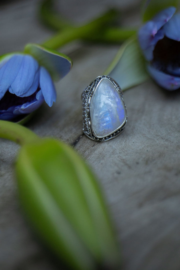 Statement Rainbow Moonstone Ring in Tribal Sterling Silver Setting - Size 9 US