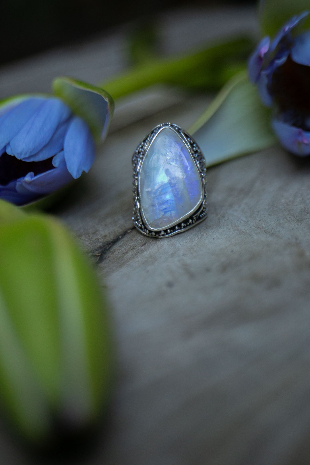 Statement Rainbow Moonstone Ring in Tribal Sterling Silver Setting - Size 9 US