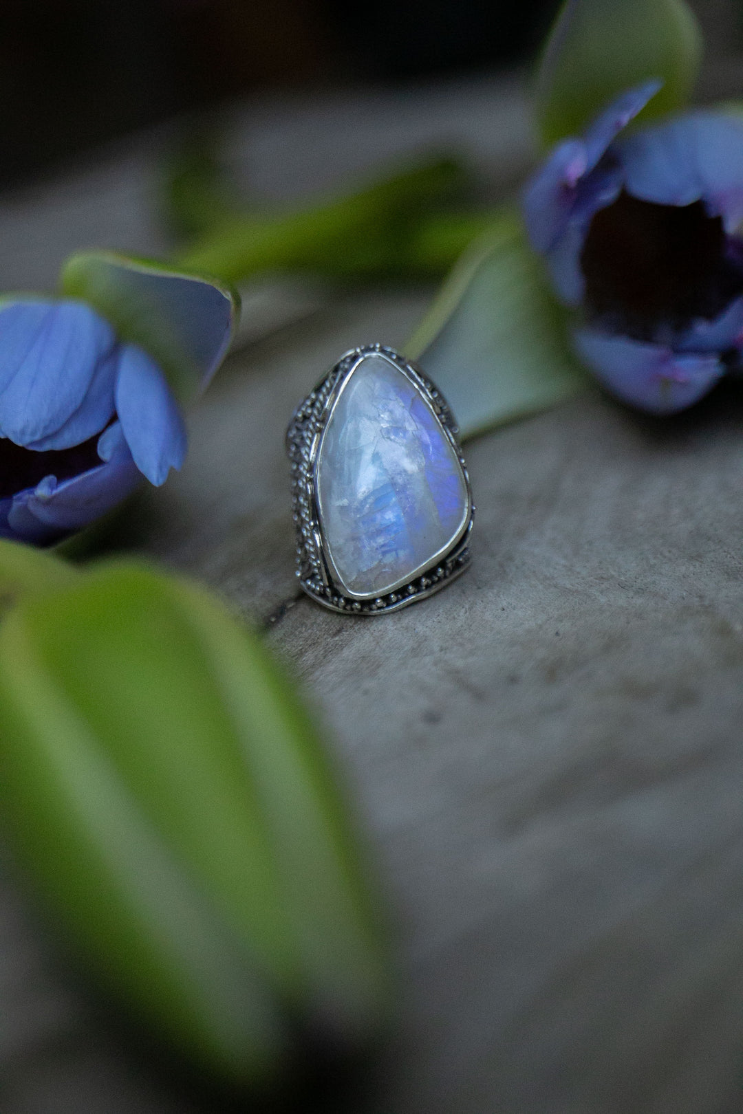 Statement Rainbow Moonstone Ring in Tribal Sterling Silver Setting - Size 9 US