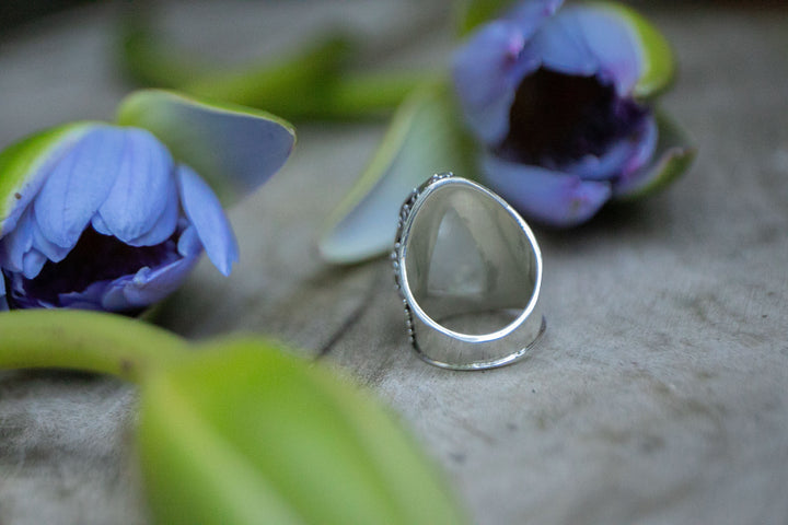 Statement Rainbow Moonstone Ring in Tribal Sterling Silver Setting - Size 9 US