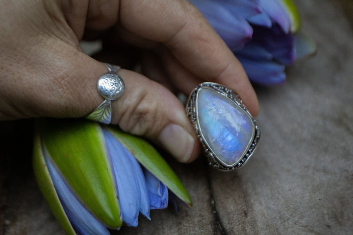 Statement Rainbow Moonstone Ring in Tribal Sterling Silver Setting - Size 9 US