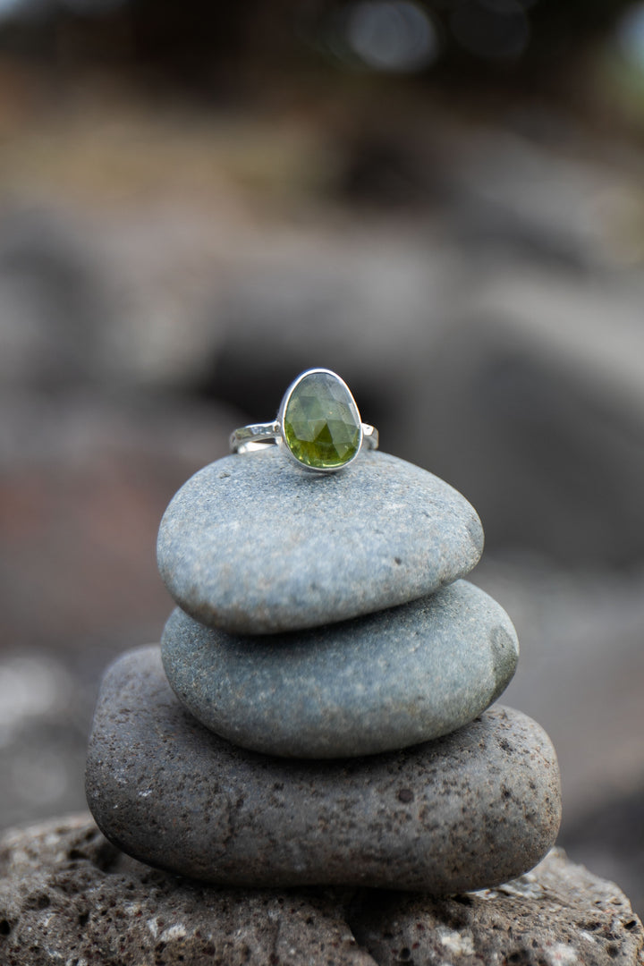 High Quality Rose Cut Green Tourmaline Ring set in Sterling Silver - Size 9 US