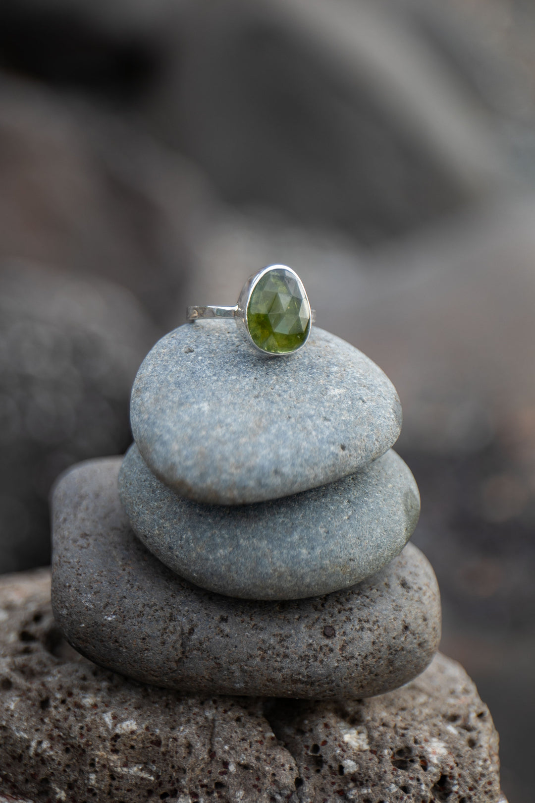 High Quality Rose Cut Green Tourmaline Ring set in Sterling Silver - Size 9 US