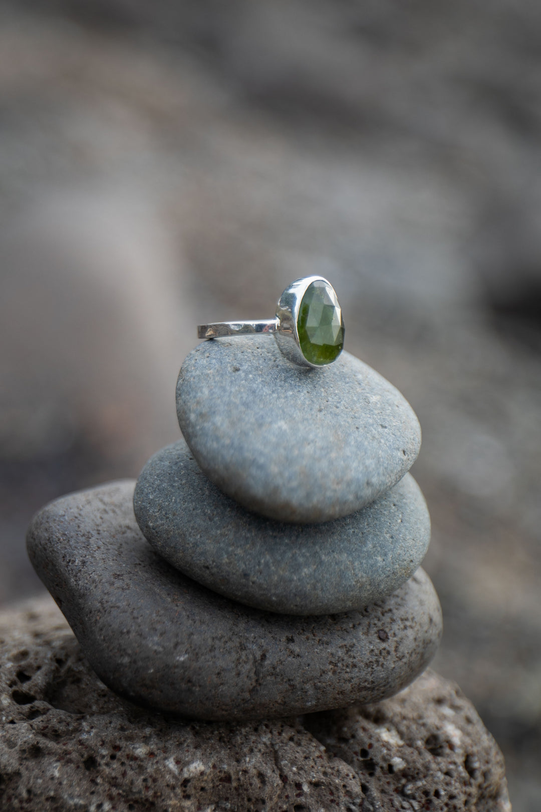 High Quality Rose Cut Green Tourmaline Ring set in Sterling Silver - Size 9 US