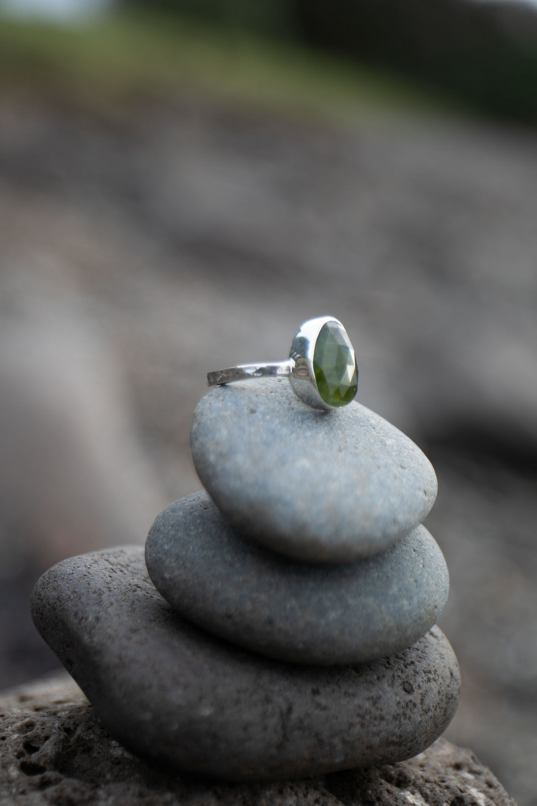 High Quality Rose Cut Green Tourmaline Ring set in Sterling Silver - Size 9 US