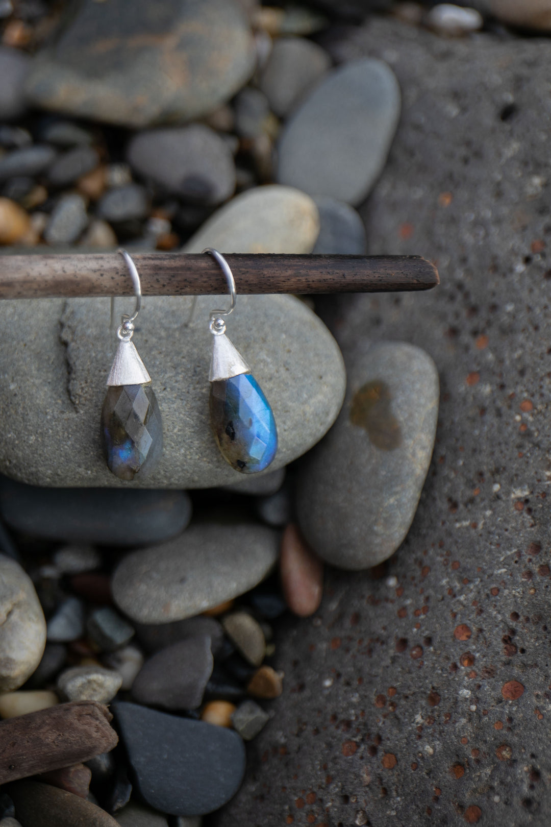 Faceted Labradorite Earrings set in Brushed Sterling Silver
