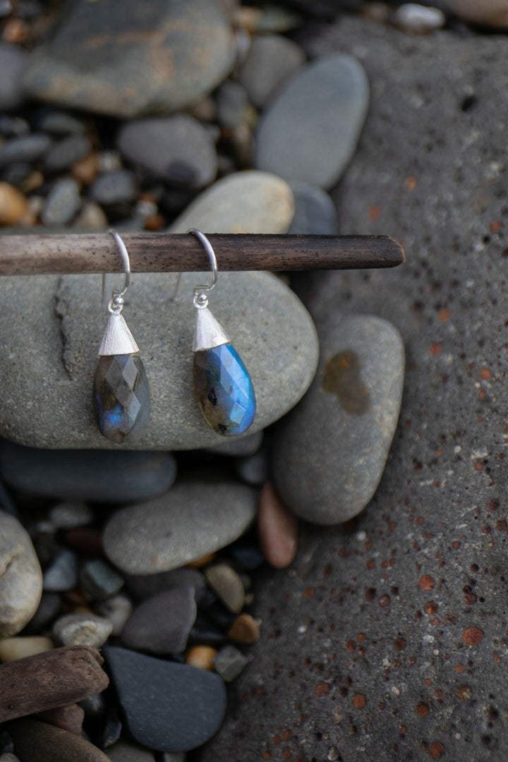 Faceted Labradorite Earrings set in Brushed Sterling Silver