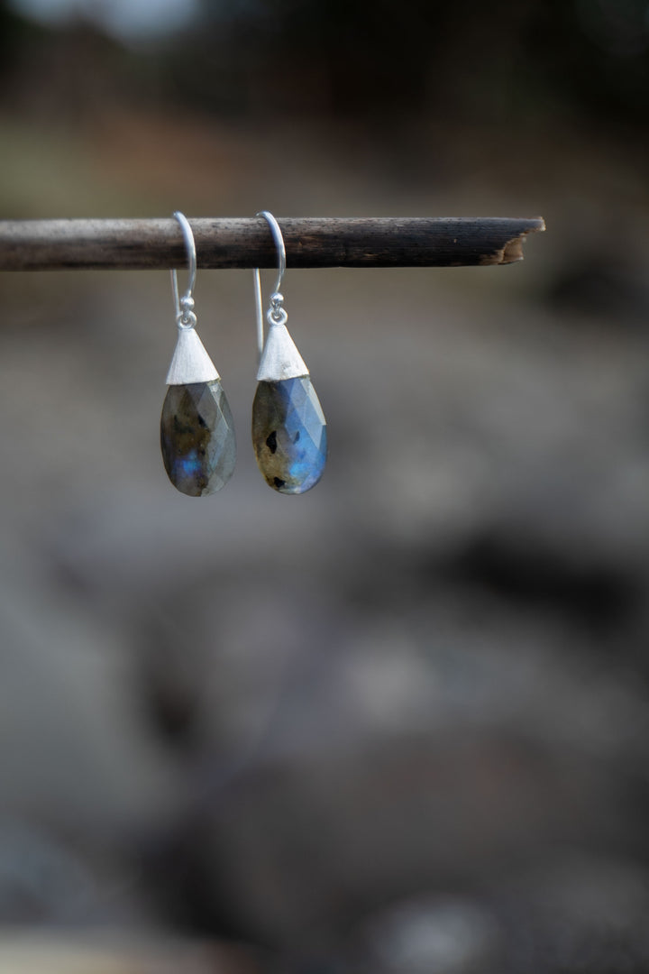 Faceted Labradorite Earrings set in Brushed Sterling Silver