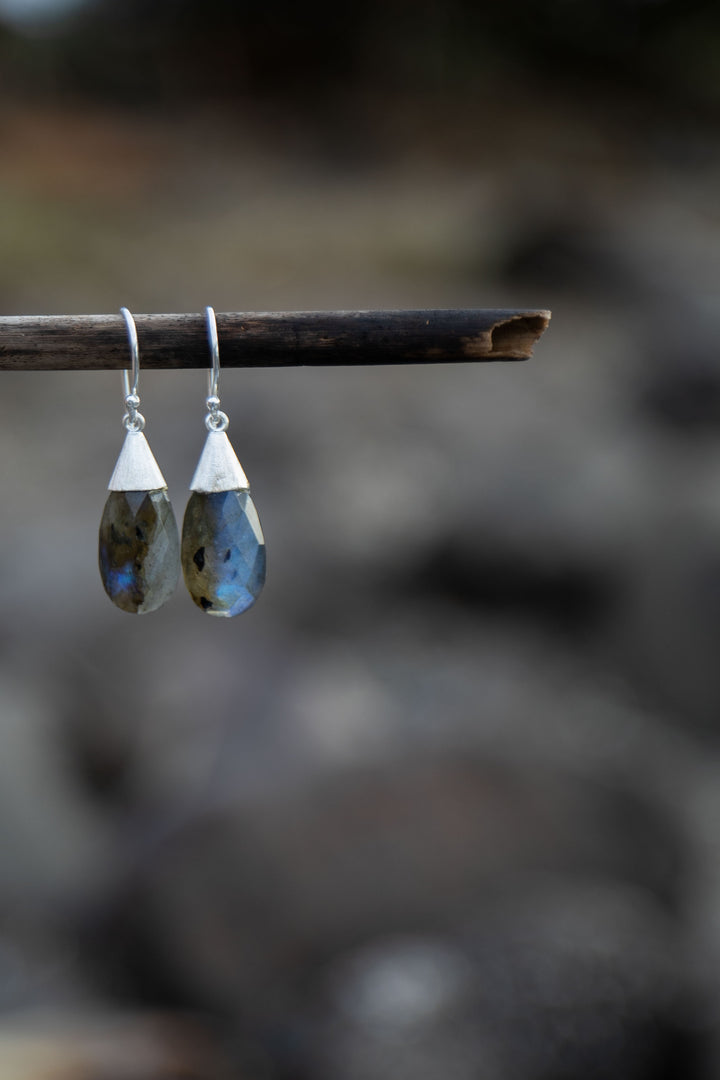 Faceted Labradorite Earrings set in Brushed Sterling Silver