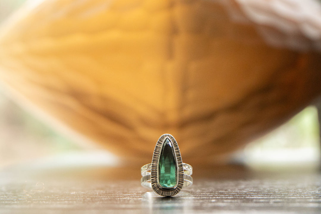 Dark Green Tourmaline Ring set in Unique Sterling Silver - Size 7.5 US