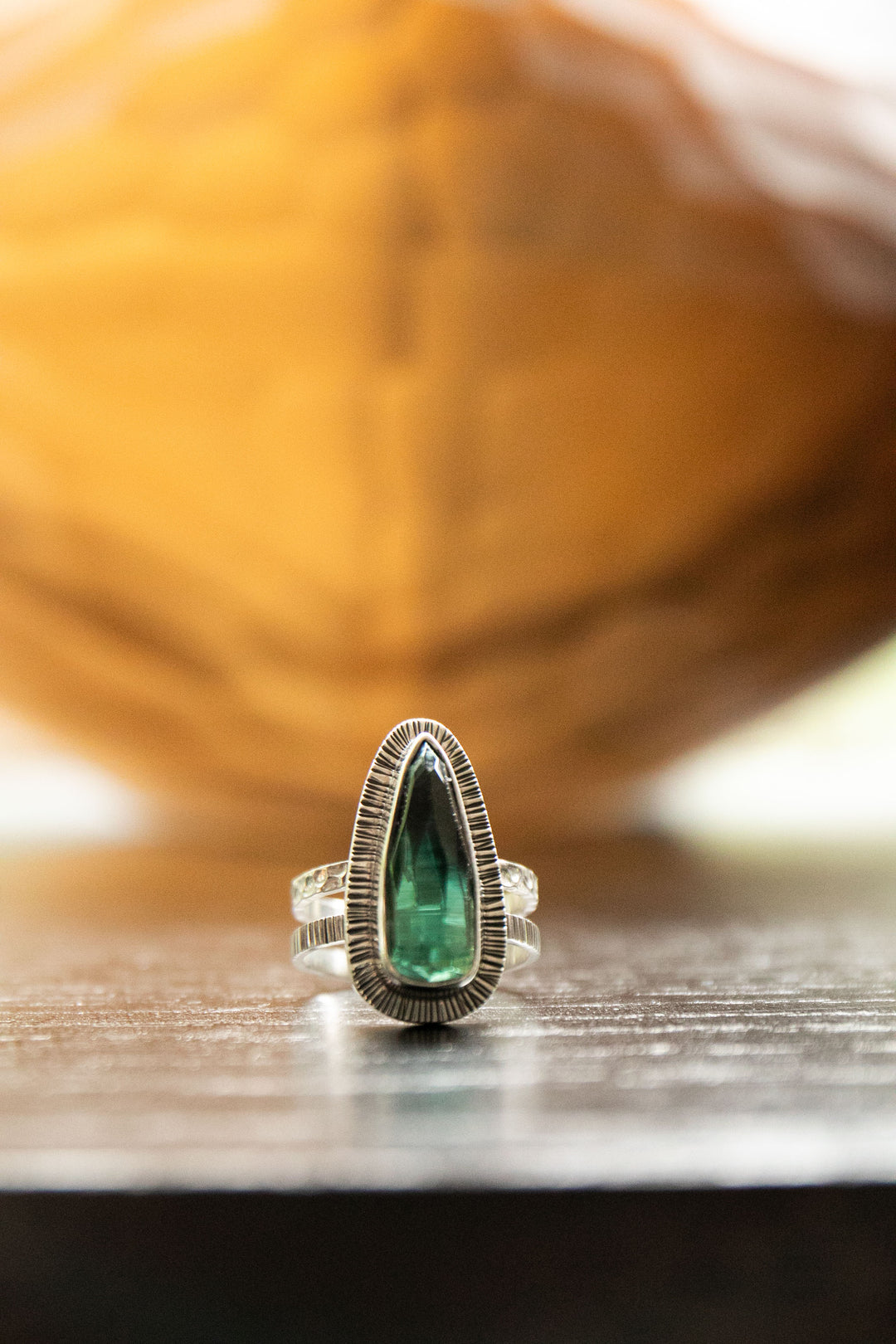 Dark Green Tourmaline Ring set in Unique Sterling Silver - Size 7.5 US