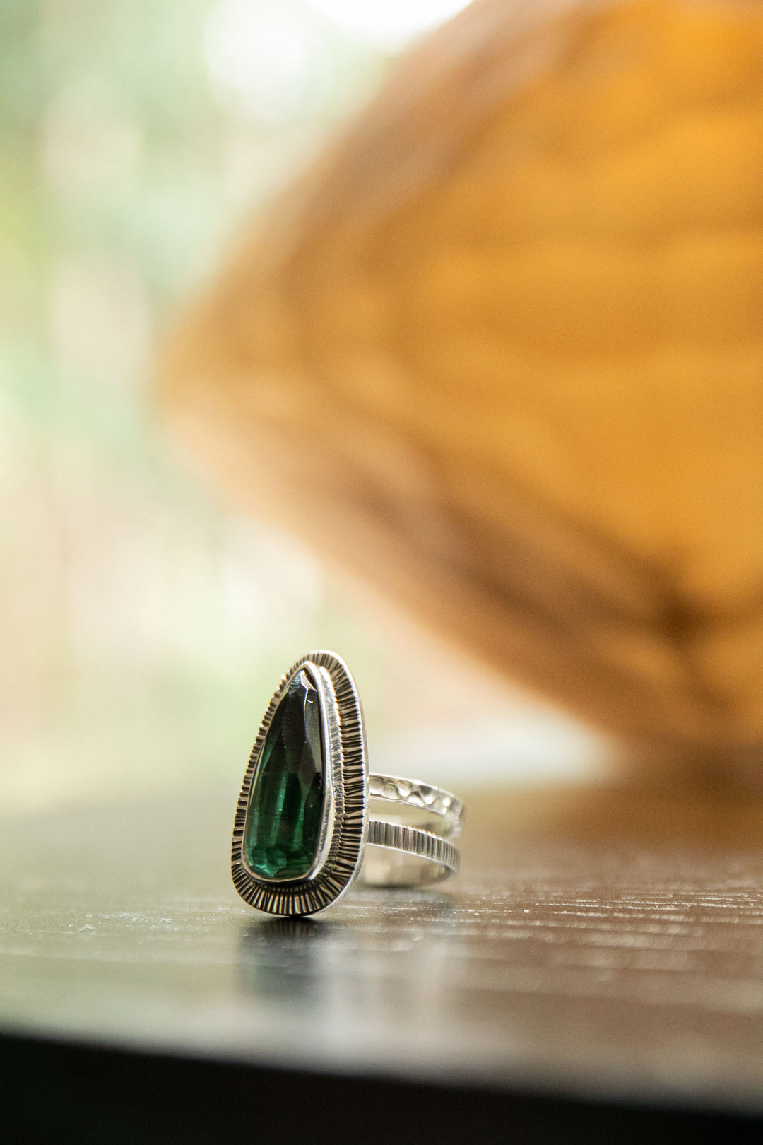 Dark Green Tourmaline Ring set in Unique Sterling Silver - Size 7.5 US