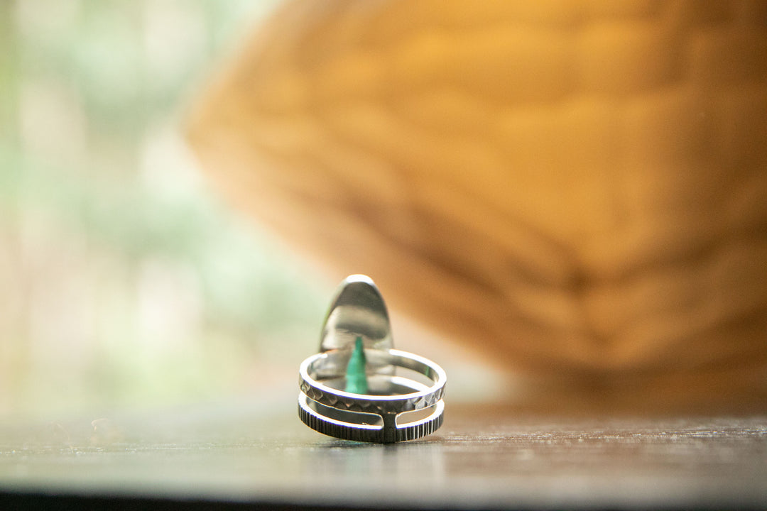 Dark Green Tourmaline Ring set in Unique Sterling Silver - Size 7.5 US