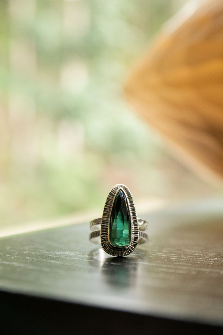 Dark Green Tourmaline Ring set in Unique Sterling Silver - Size 7.5 US