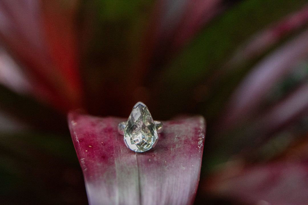 Faceted Green Amethyst Ring in Sterling Silver Setting - Size 9 US