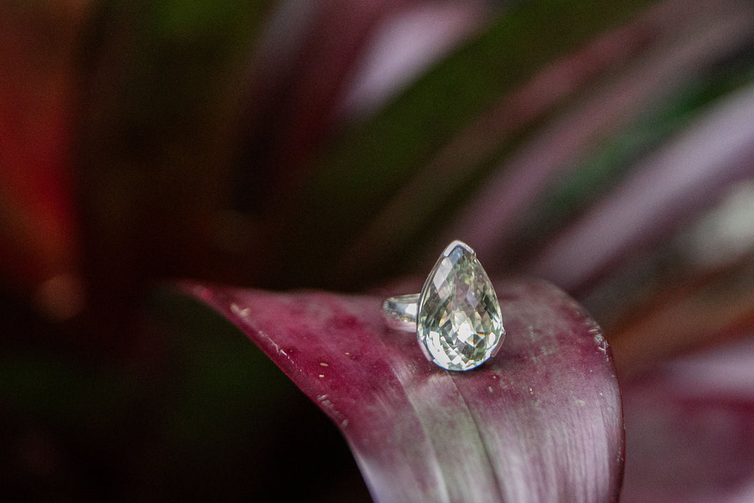 Faceted Green Amethyst Ring in Sterling Silver Setting - Size 9 US