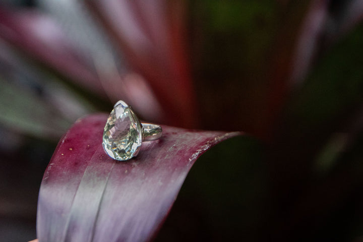 Faceted Green Amethyst Ring in Sterling Silver Setting - Size 9 US