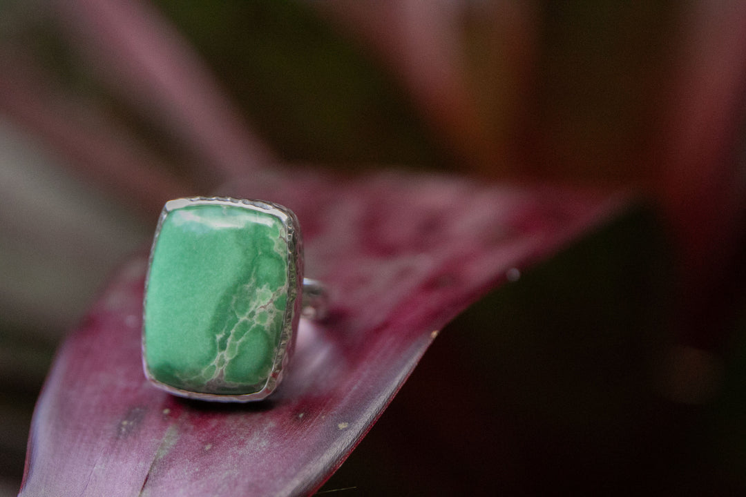 Statement Variscite Ring in Beaten Sterling Silver - Size 8.5 US