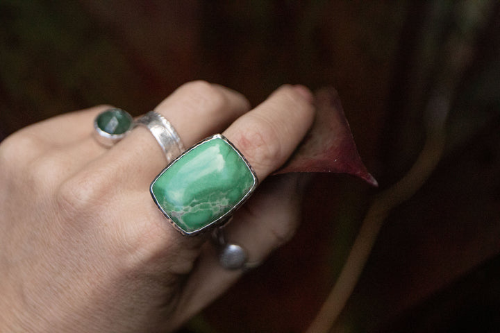 Statement Variscite Ring in Beaten Sterling Silver - Size 8.5 US