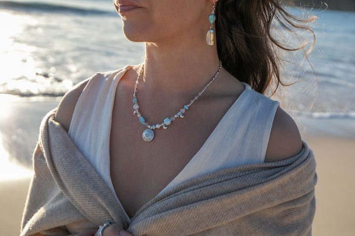 Sweet Larimar, Aquamarine, Rainbow Moonstone, Pearl + Thai Hill Tribe Silver Necklace, with Lotus Pendant
