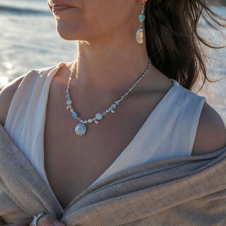 Sweet Larimar, Aquamarine, Rainbow Moonstone, Pearl + Thai Hill Tribe Silver Necklace, with Lotus Pendant