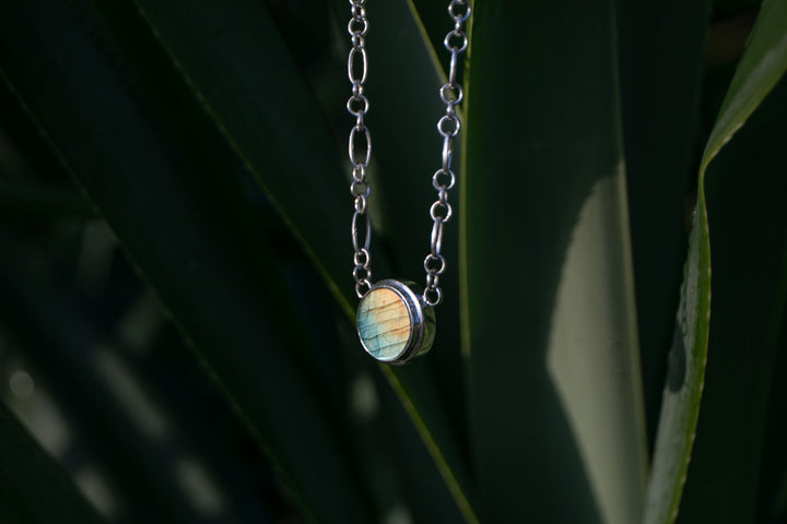 Round Labradorite Pendant on Sterling Silver Link Chain Necklace