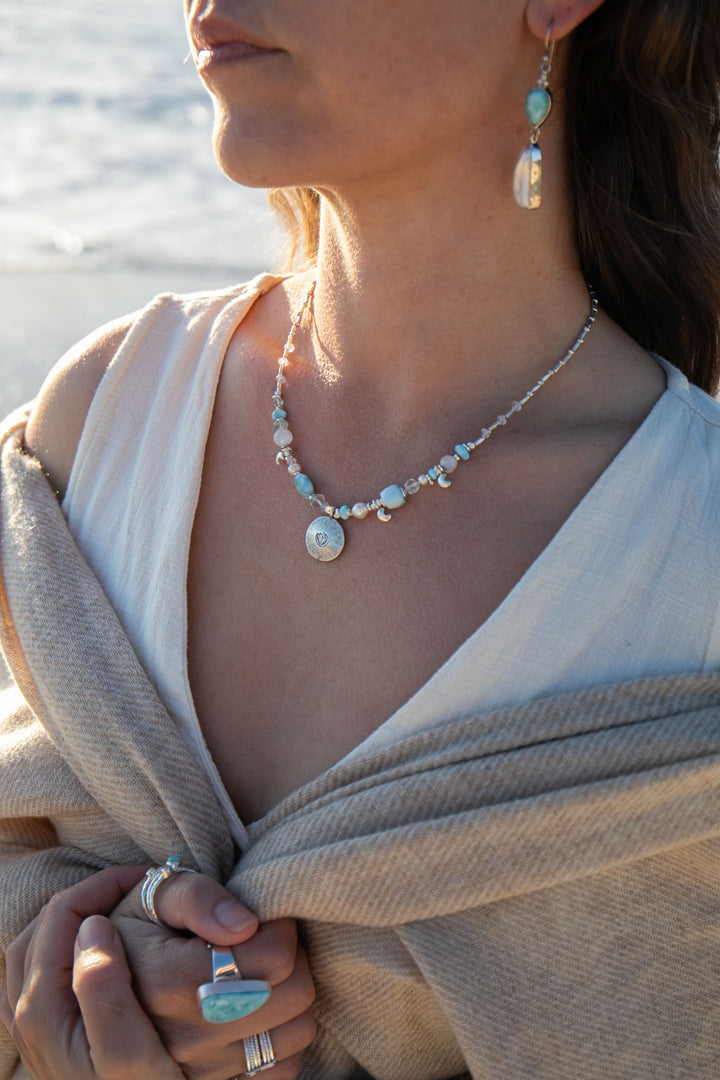 Sweet Larimar, Aquamarine, Rainbow Moonstone, Pearl + Thai Hill Tribe Silver Necklace, with Lotus Pendant