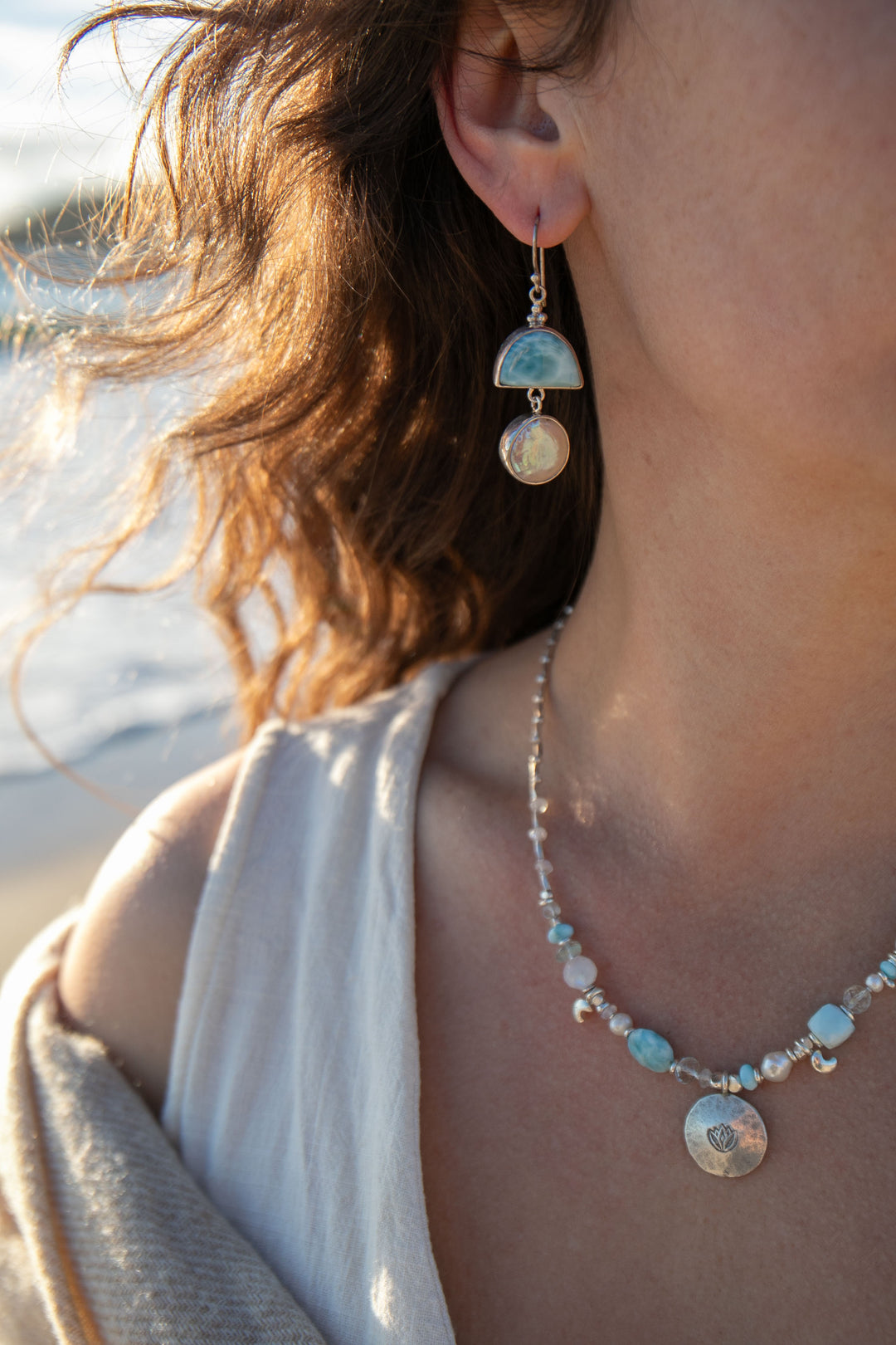 Larimar and Freshwater Pearl Asymmetrical Earrings set in Sterling Silver