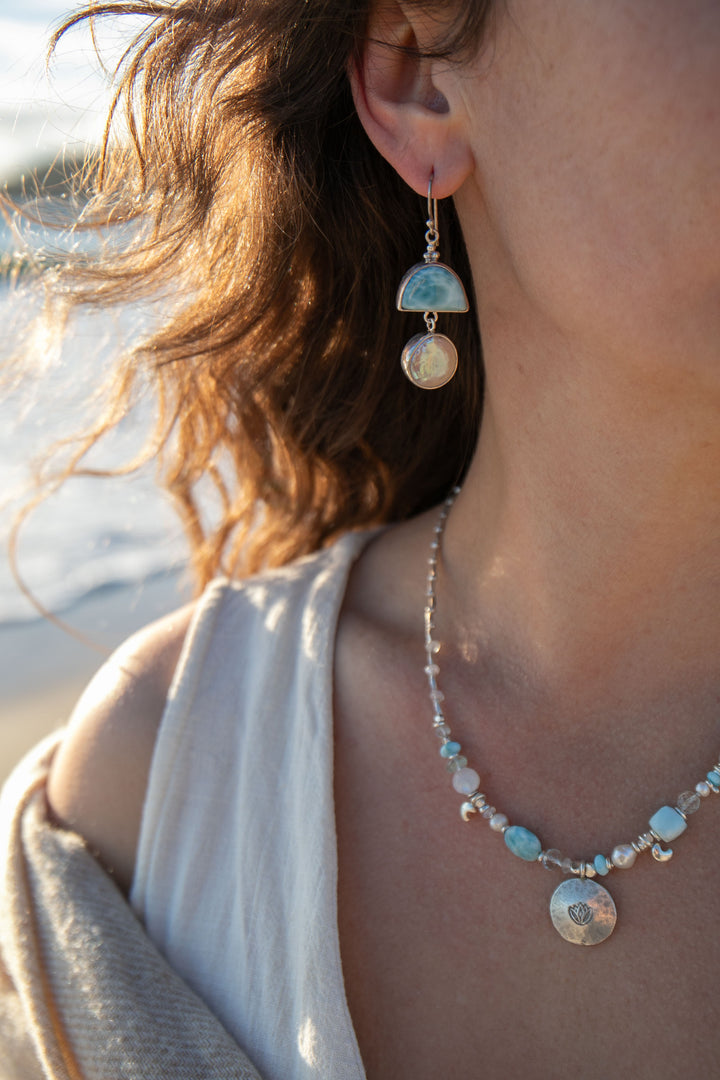 Larimar and Freshwater Pearl Asymmetrical Earrings set in Sterling Silver